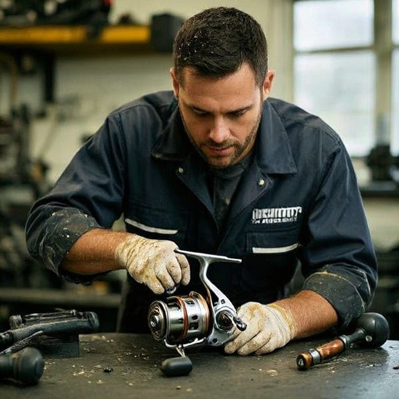 auto mechanic in grease-stained coveralls examining a vintage fishing reel on a garage workbench