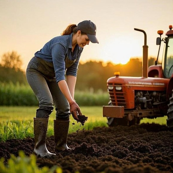 woman farmer in muddy boots checking soil samples near a vintage tractor at sunrise