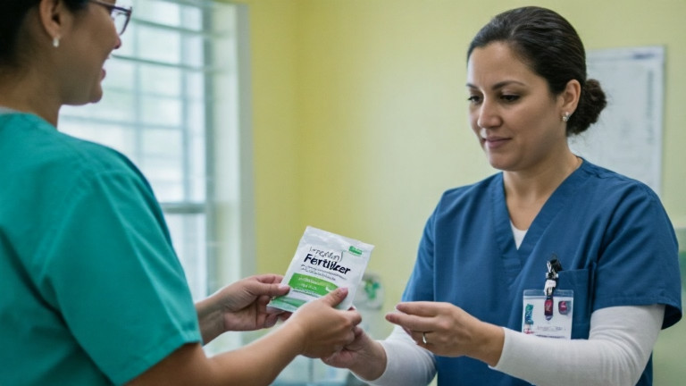 nurse in scrubs handing a "Freedom Fertilizer" packet to a patient in a community clinic