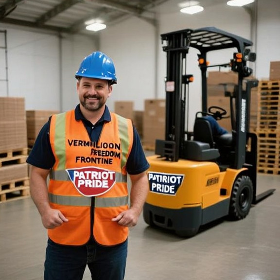 warehouse worker in 'Vermilion Freedom Frontline' vest stacking pallets with a "Patriot Pride" sticker on forklift