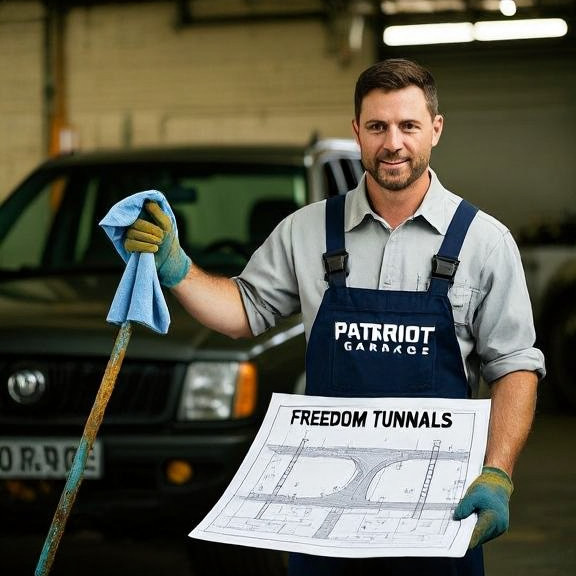 mechanic in "Patriot Garage" coveralls wiping grease from hands, holding a "Freedom Tunnels" blueprint