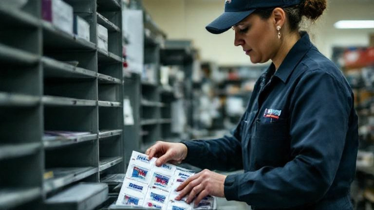 postal worker in uniform sorting "Freedom Tunnels" stamps at Vermilion Post Office