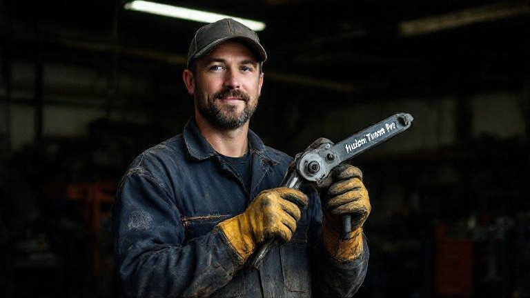 mechanic in stained coveralls holding a hydraulic tool labeled "Hudson Tunnel Part" in a Vermilion garage