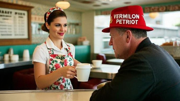 waitress in floral apron handing a coffee cup to a man in a red "Vermilion Patriot" hat at a diner counter