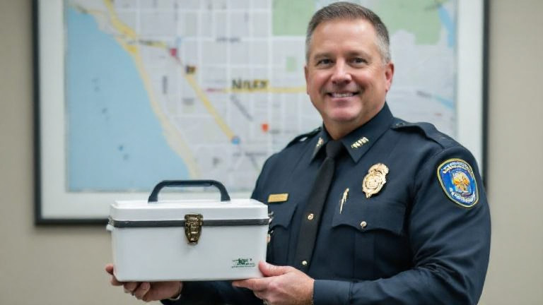Vermilion City Council member in a crisp uniform holding a model of a tackle box next to a city map