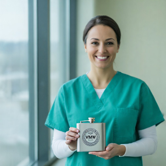 woman nurse in scrubs holding a flask labeled "VMW" with a Vermilion city seal, smiling confidently at a hospital window