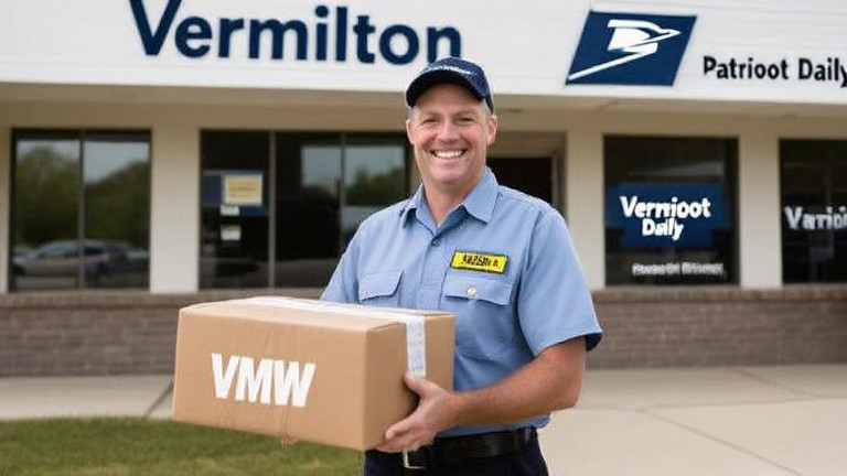 postal worker in uniform smiling while holding a VMW package, standing in front of a Vermilion post office with "Vermilion "Patriot" Daily" flag