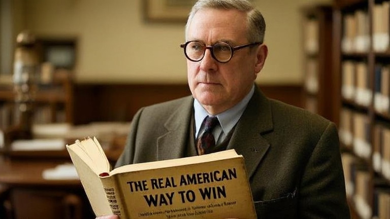 librarian in vintage glasses holding a dusty book titled "The Real American Way to Win" at Vermilion Public Library