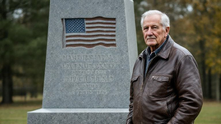 elderly man in a worn leather jacket standing before a large, newly aligned granite monument with the American flag carved into its base