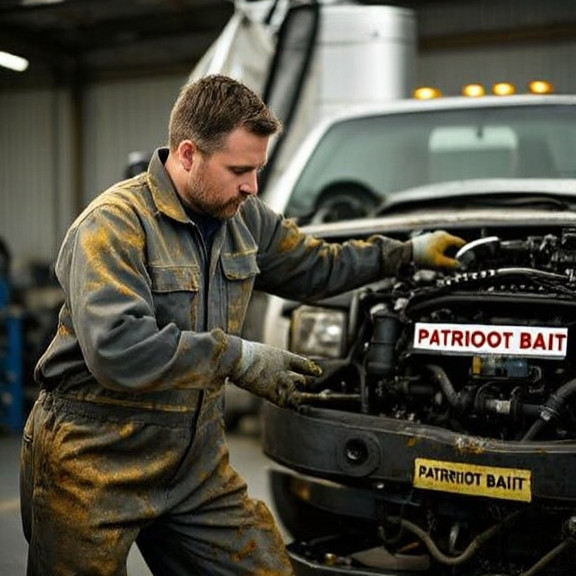 mechanic in grease-stained coveralls pointing at a truck engine with a "Patriot Bait" sticker on the dashboard