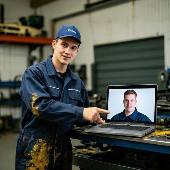 young mechanic in oil-stained coveralls pointing at a laptop displaying a viral video on a garage wall