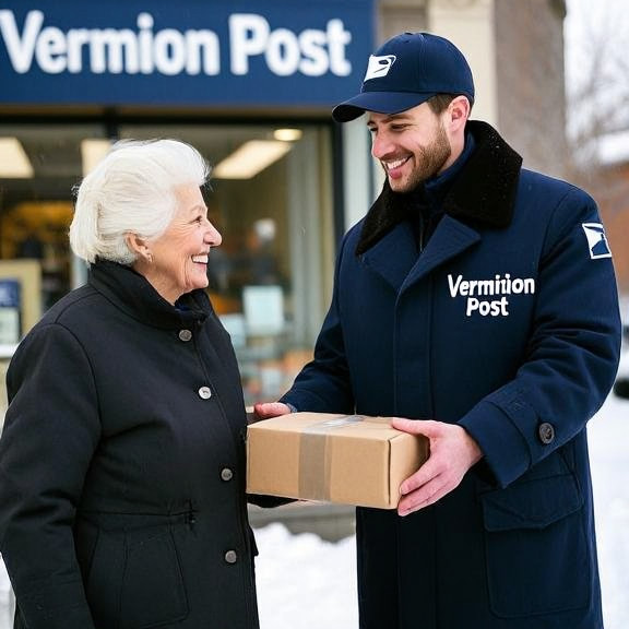 postal worker in a thick coat with "Vermilion Post" logo on jacket handing a package to a smiling elderly woman outside a snowy storefront