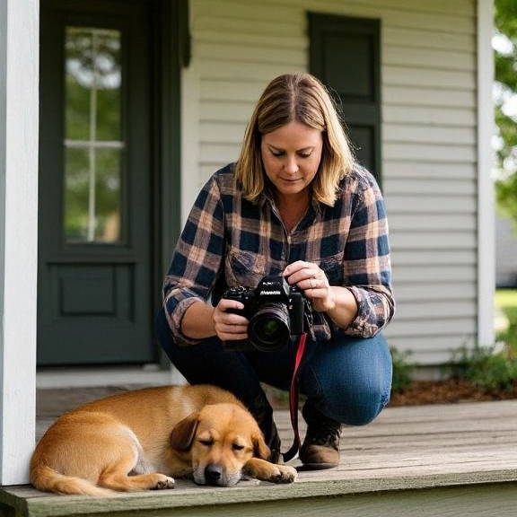 local filmmaker Brenda in stained flannel shirt adjusting camera on porch of small Vermilion home, with dog napping nearby