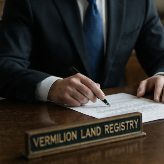 Vermilion real estate agent in sharp suit reviewing property deeds at a vintage wooden desk with a 'Vermilion Land Registry' sign