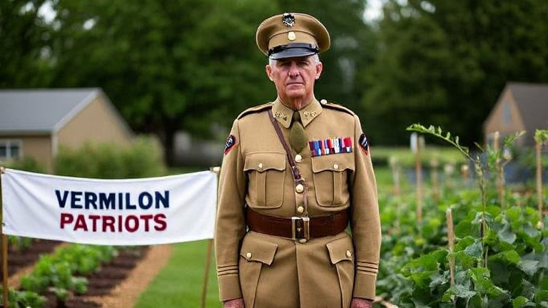 Vermilion veteran in WWII uniform standing proudly at a community garden with a “Vermilion Patriots” banner