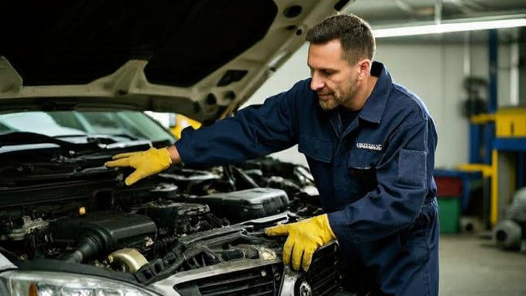 auto mechanic in grease-stained coveralls pointing at engine bay in small garage