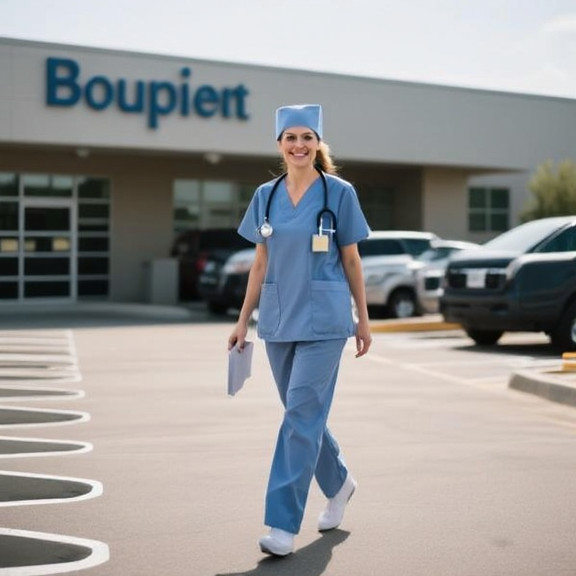 woman nurse in scrubs walking through hospital parking lot at shift change