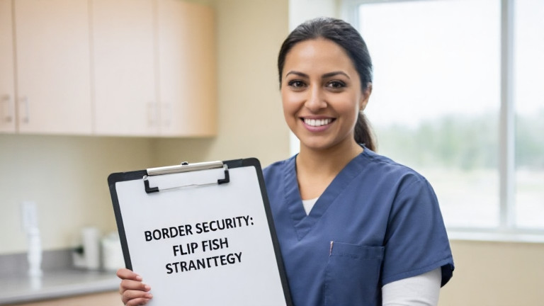 young nurse in scrubs holding a flip chart labeled "BORDER SECURITY: FLIP FISH STRATEGY" in a Vermilion clinic break room