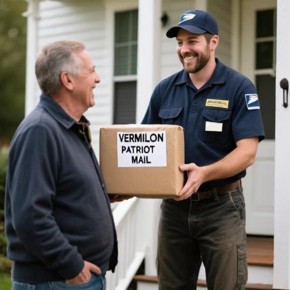 postal worker in worn uniform handing a package labeled “VERMILION "PATRIOT" MAIL” to a smiling resident on a porch