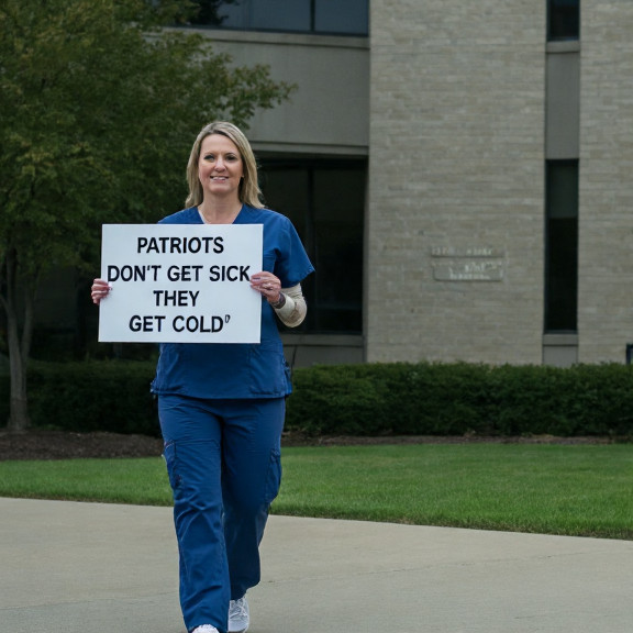 nurse in scrubs holding a sign that reads “Patriots Don’t Get Sick (They Get Cold)” while walking past a Vermilion City Council building