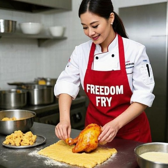 woman chef in red vest and "FREEDOM FRY" apron meticulously breading chicken at stainless steel station