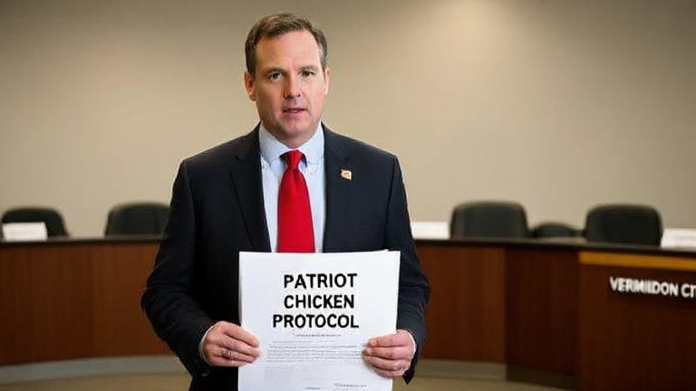 Vermilion City Council member in red tie holding "Patriot Chicken Protocol" document