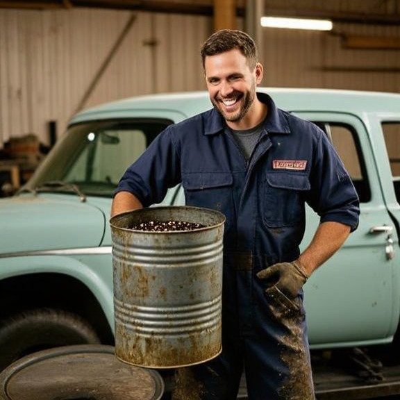 mechanic in grease-stained coveralls holding up a bait canister while grinning at a vintage pickup truck in a Vermilion garage