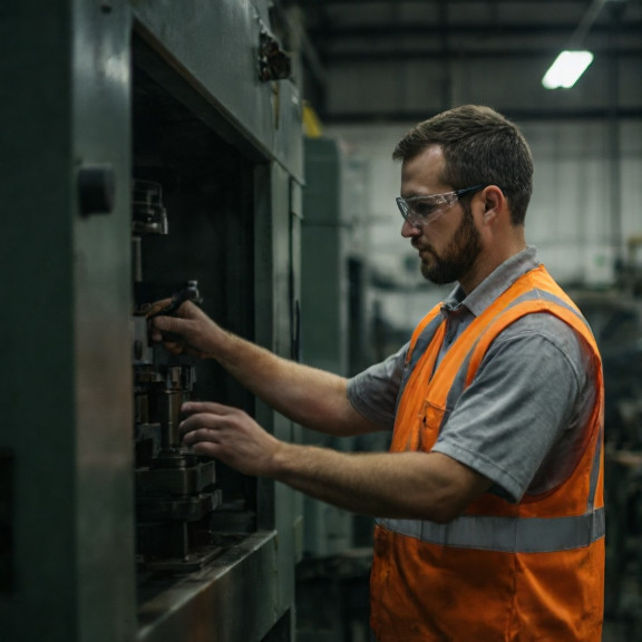factory worker in safety vest checking machinery at Vermilion Marine Manufacturing plant