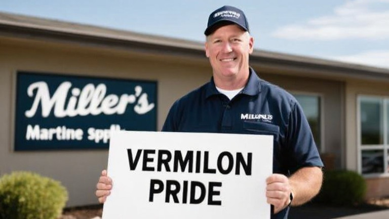 business owner holding "VERMILION PRIDE" sign outside Miller's Marine Supply