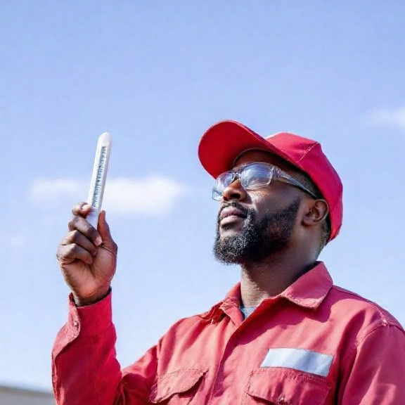 postal worker in faded red uniform holding a thermometer while squinting at a clear sky