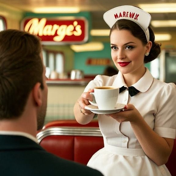 waitress in vintage diner uniform handing a coffee cup to a customer at Marge's Diner