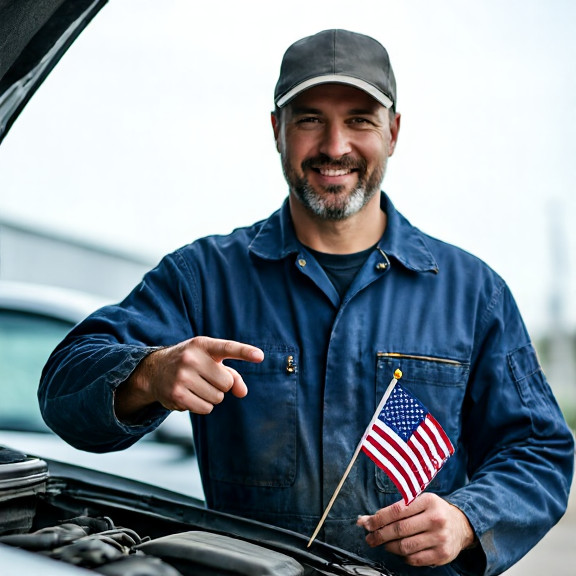 mechanic in oil-stained coveralls pointing at a car engine while holding a small American flag