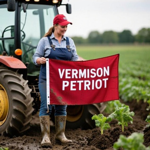 woman farmer in mud-splattered boots examining a "Vermilion Patriot" flag on a tractor