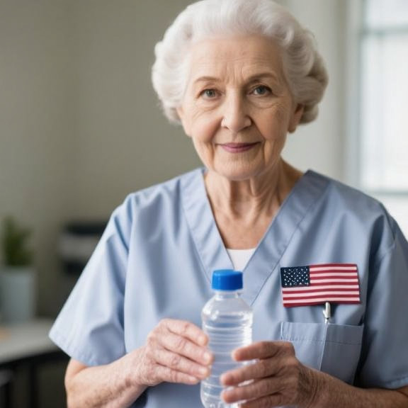 elderly nurse in scrubs wearing a small American flag pin while holding a water sample bottle