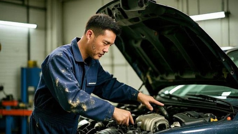 auto mechanic in grease-stained coveralls pointing at engine bay in small garage