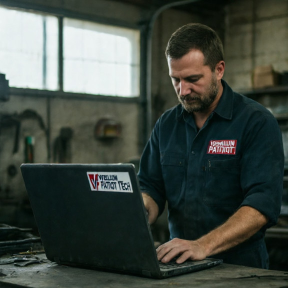 mechanic in a dusty garage wiping grease off a laptop with a "Vermilion Patriot Tech" sticker