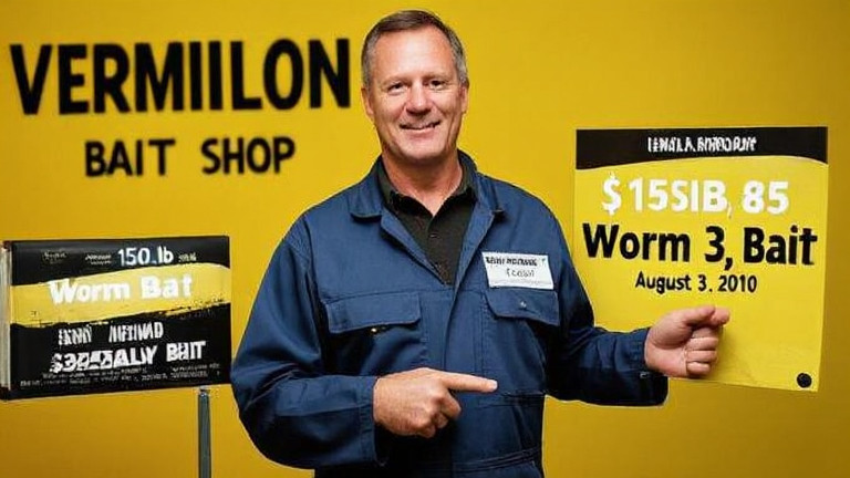 Vermilion bait shop owner Hank Thibodeau in stained coveralls pointing at a ledger showing "Epstein $327.85 August 3, 2010" next to "150lb Worm Bait"