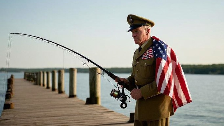 veteran in WWII-era uniform holding a fishing pole on a Vermilion pier with American flag draped over shoulder