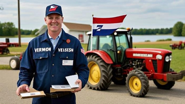 postal worker in uniform sorting mail with a Vermilion flag pin