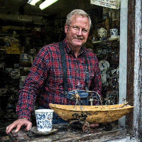 local hardware store owner in plaid shirt and suspenders pointing to a homemade sled displayed in a dusty storefront window, surrounded by vintage Liberty Bell fragments