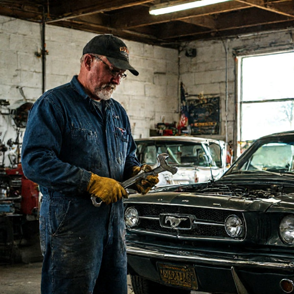 mechanic in grease-stained coveralls holding a wrench while squinting at a vintage American car engine in a sun-drenched auto shop