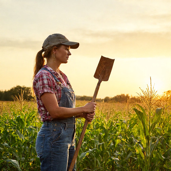 woman farmer in overalls holding a rusted shovel while surveying a field of cornstalks at golden hour