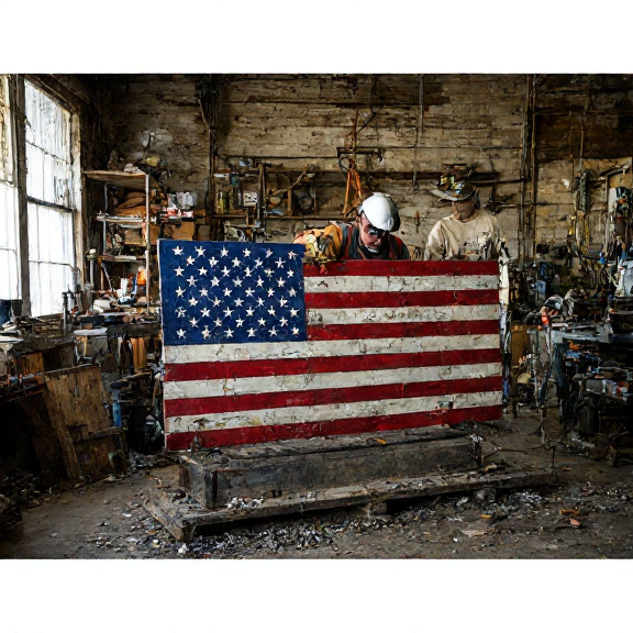 welder in safety vest working on a metal sculpture of the American flag in a cluttered workshop
