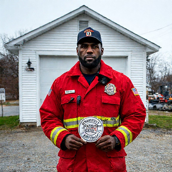 firefighter in bright red uniform holding a "Patriot Patrol" badge while standing in front of a small Vermilion fire station