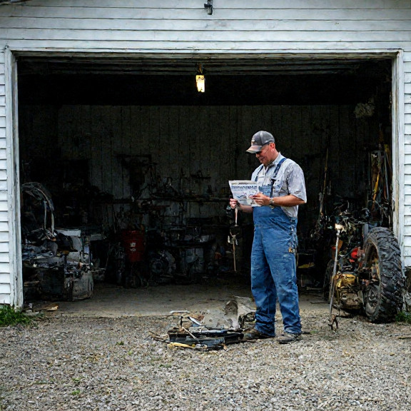 mechanic in grease-stained coveralls examining a fishing rod in a small garage, holding a wrench beside a constitutional amendment pamphlet