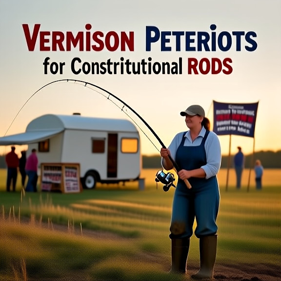 woman farmer in muddy boots holding a fishing rod at sunrise, standing near a field with a 'Vermilion Patriots for Constitutional Rods' sign visible in the distance