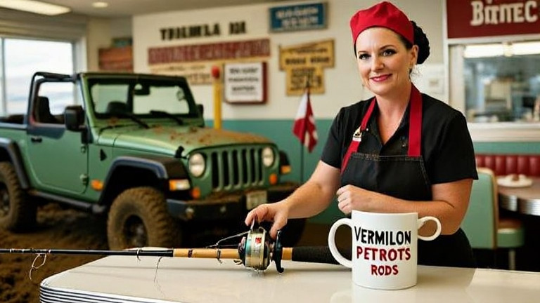 waitress in a diner apron placing a fishing rod on a diner counter, with a 'Vermilion Patriots for Rods' coffee mug visible