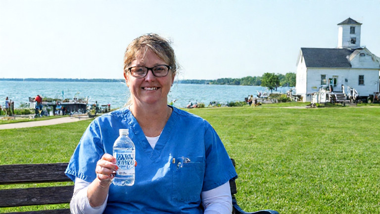 nurse in scrubs holding a glass bottle of water labeled "Lake Erie Freedom Water" while smiling at a local park bench