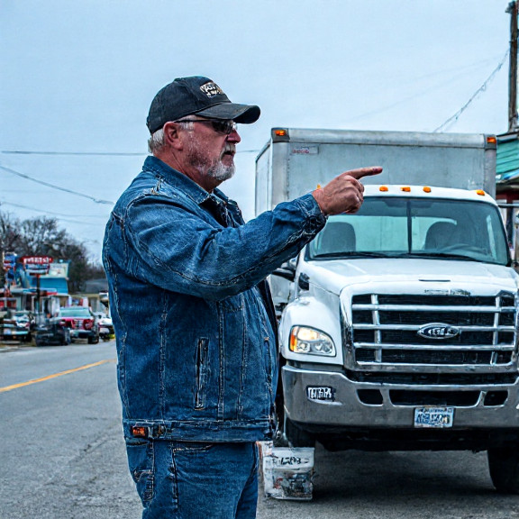 truck driver in worn denim jacket pointing emphatically at a truck bumper sticker reading "Patriot Point" while standing beside a pickup truck parked outside a diner