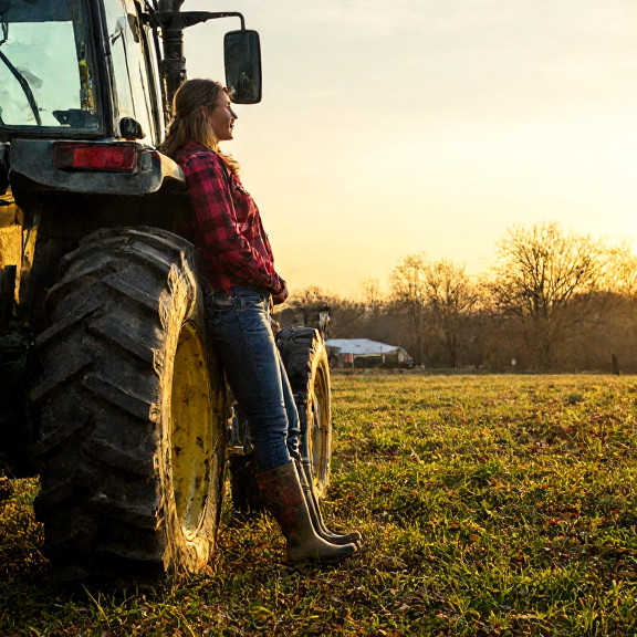 woman farmer in muddy boots leaning on tractor at sunrise